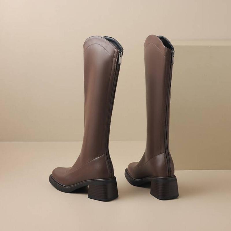 Korean version of solid color leather back zipper Martin boots medium heel large size women's leather boots square heel square heel autumn and winte