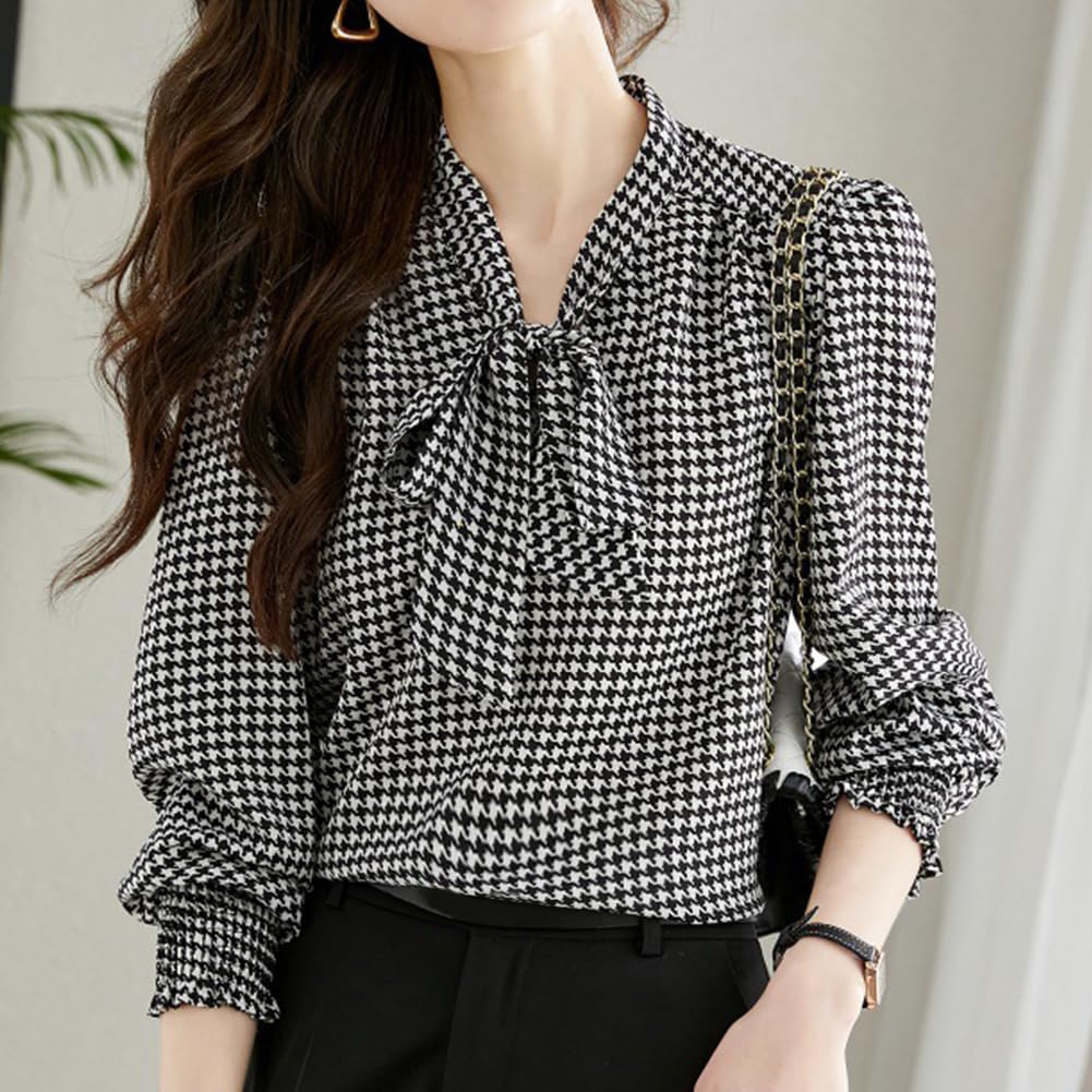 Bidason Hahnentritt Langarm mit und Elegant Ballonärmel Locker Perfekt für Alltag und Winter Damenbluse, Band, Stilvoll, Elegant, Niedlich, Ärmel,