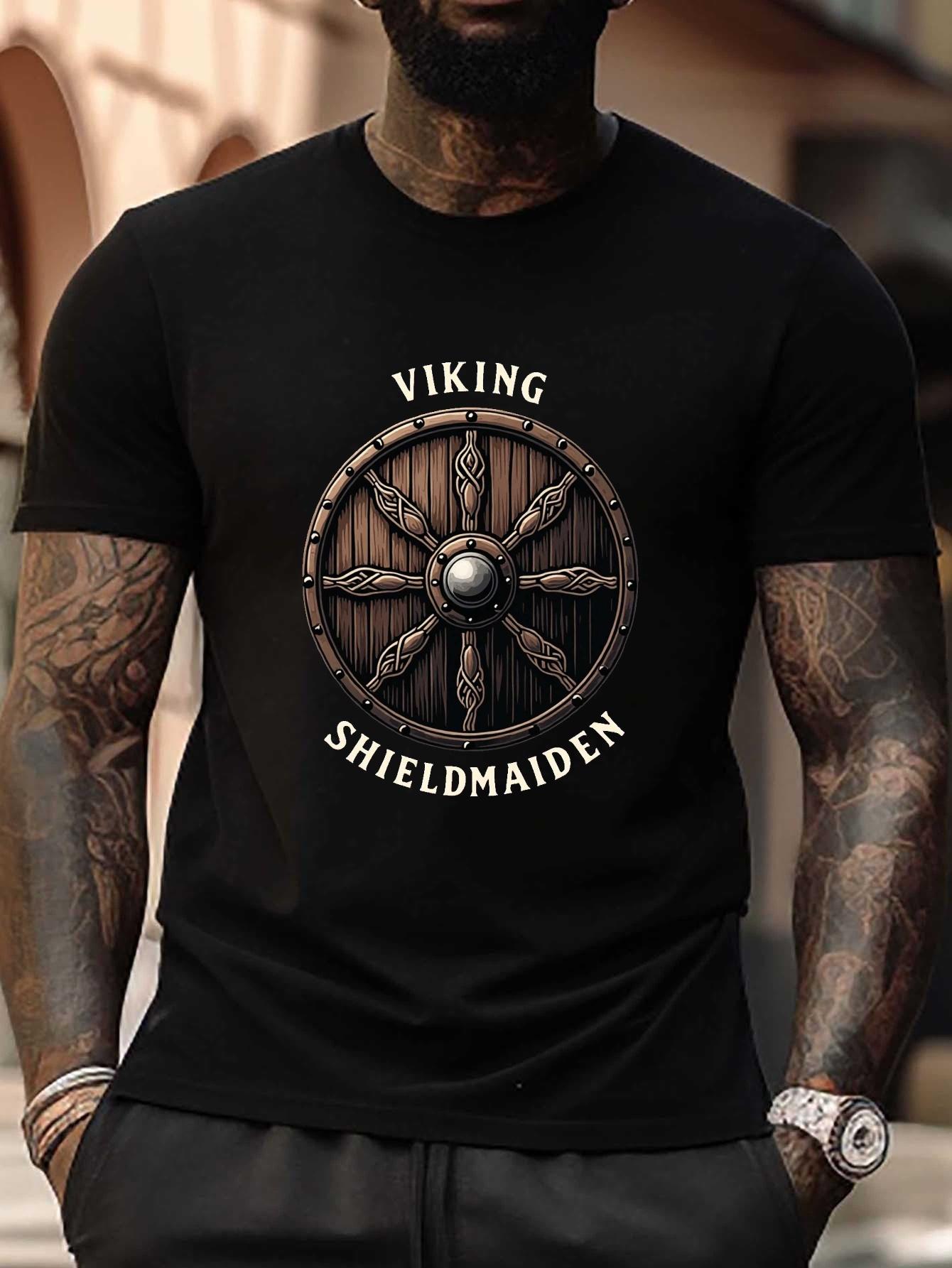 

Plus Size Viking Shieldmaiden Graphic T-shirt - Nordic Shield Design with Geometric Patterns XXXXL