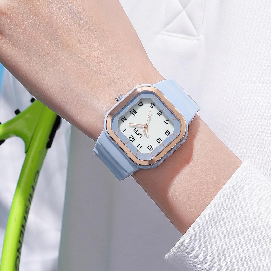 Student Sports Wind Test Watch Square Dial With Luminous Belt Calendar Silicone Belt Waterproof Quartz Watch