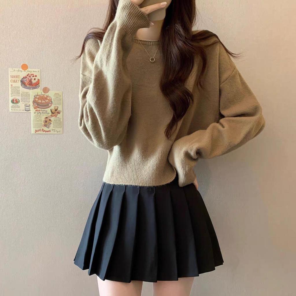 Solid Color Cropped Sweater for Petite Women - 2025 Autumn Korean Academy Style Knit Top