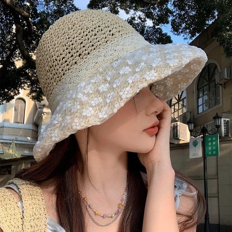 New Small Fresh Lace Straw Hat Sunshade, Summer Sunscreen Travel Big Brim Bucket Hat Hollow