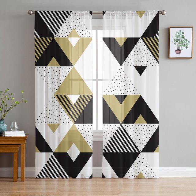 Perdele din tul cu geometrie neregulată, alb, negru