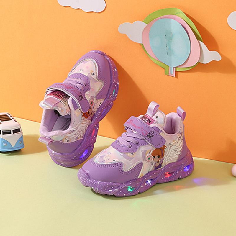 New Kids LED Sneakers Cute Cartoon Princess Girls Shoes Non-Slip Light Up Casual Sneakers For Toddler