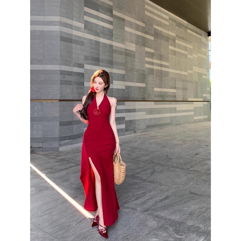 Red Three-dimensional Flower Neck Dress Women's Summer Slim Dress Long Dress Pure Waist Split Hip Skirt