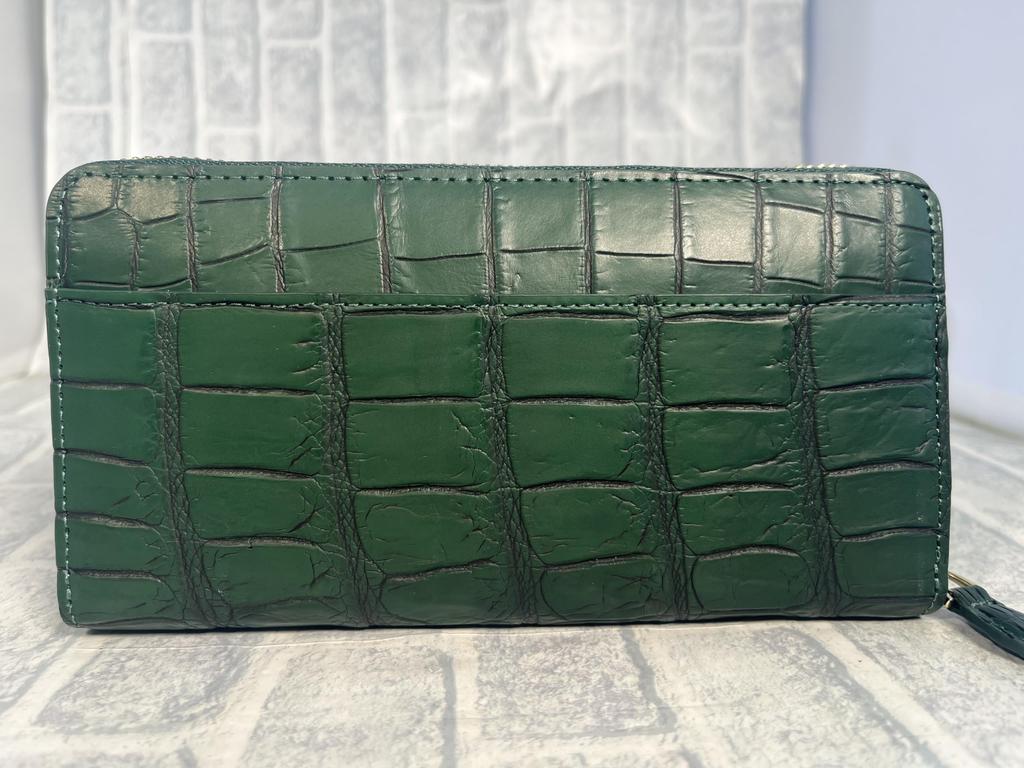 GUODI Long Wallet with Round Genuine Crocodile for Men and Zipper, Leather, Color-Dyed, Unisex, Women, LH-7645 (Cyprus Green)