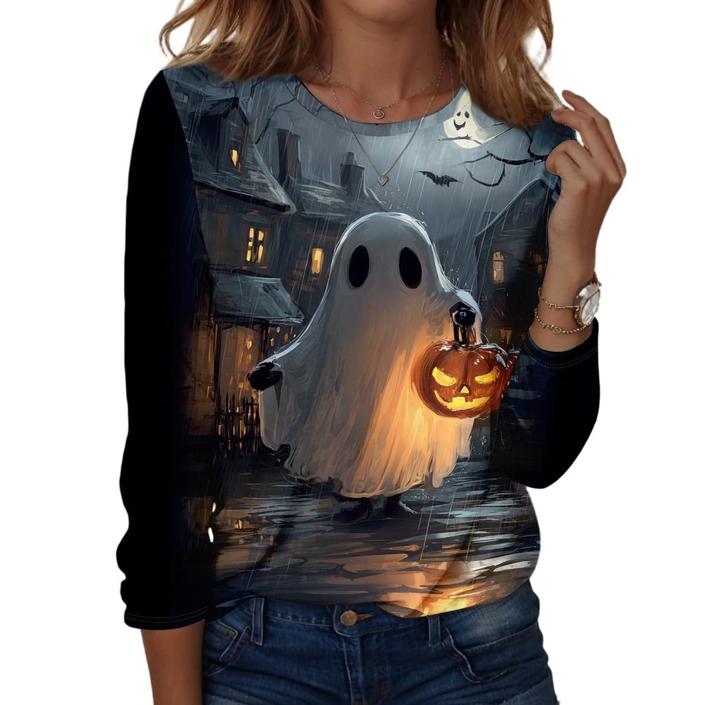 Women's Casual Long Sleeve Pullover Top Halloween Print Round Neck Shirt Lightweight Comfortable Fit for Daily Wear