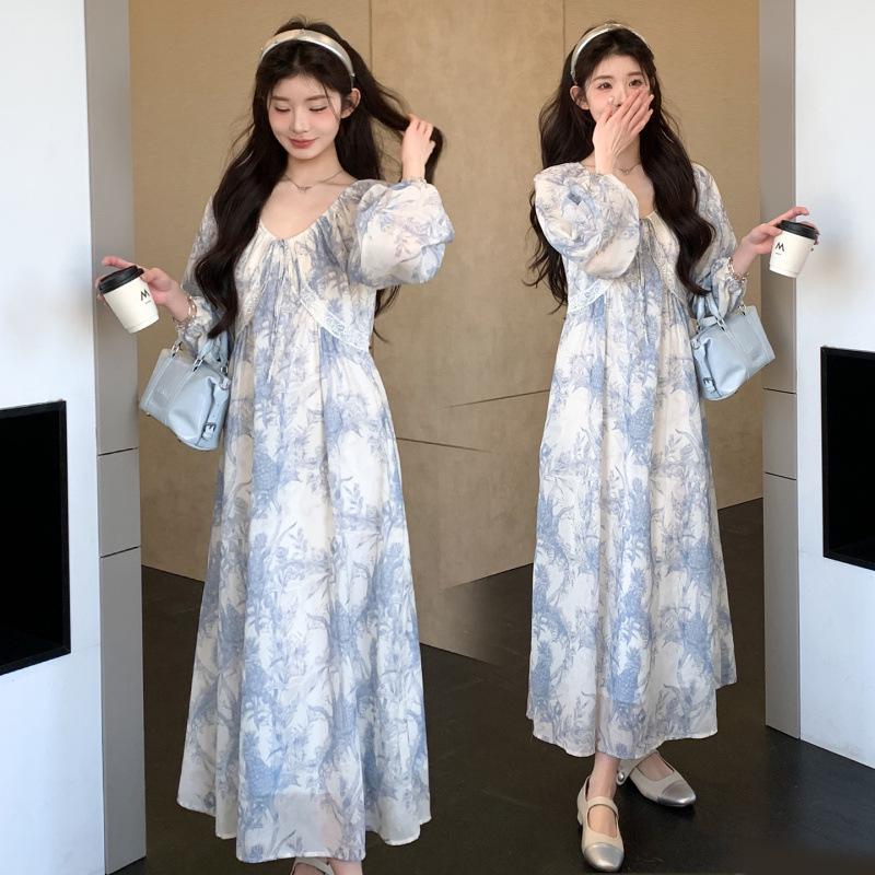 In Stock: Early Spring 2026 French Print Loose Plus Size Maternity Dress M [90-115 lbs]