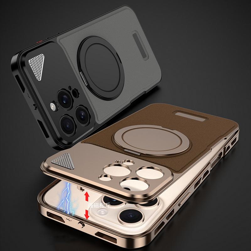 Luxury Hardware Magnetic Stand Case For iPhone 16 Plus 15 14 Pro Max 13 Leather Shockproof for MagSafe Wireless Charge Phone Cover