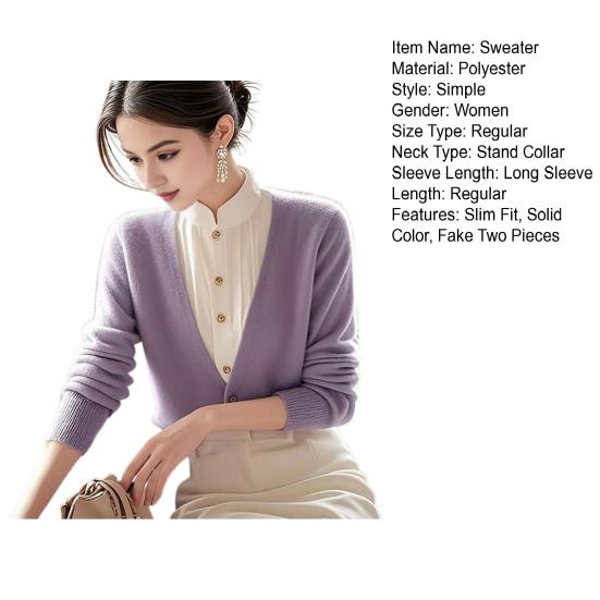 Women Fake Two-Piece Sweater Long Sleeve Half-Turtle Neck Contrast Color Shirt Sweater