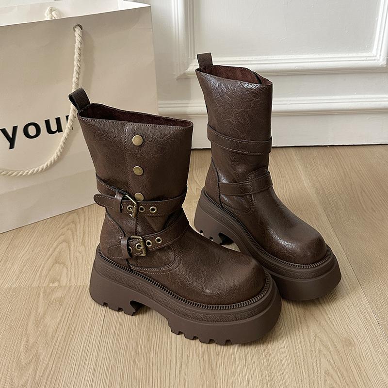 Autumn Winter Platform Thick Sole Women Ankle Boots Design Belt Buckle Punk Style Leather Modern Short Bottes Femmes 35 коричневый