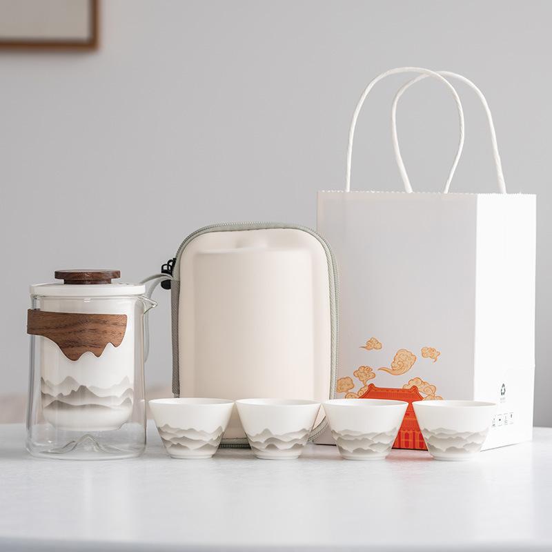 Suet Jade White Porcelain Guochao Ink and Wash Travel Tea Set, a Pot of Four or Six Cups, New Chinese Express Cup Light Luxury Business Gifts