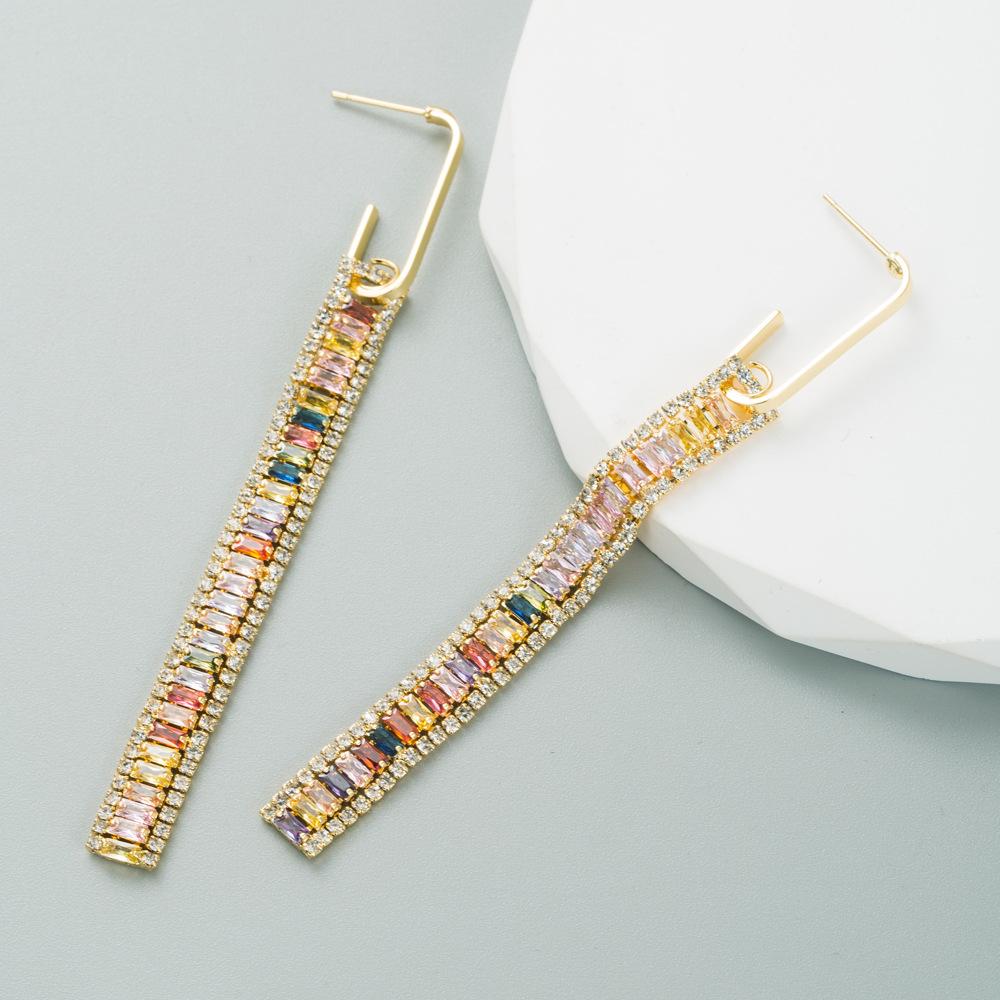 Women's Drop Earring Copper Plated Real Gold Inlaid Color Zirconia Long Earrings Geometric Square Zirconia Light Luxury Earrings