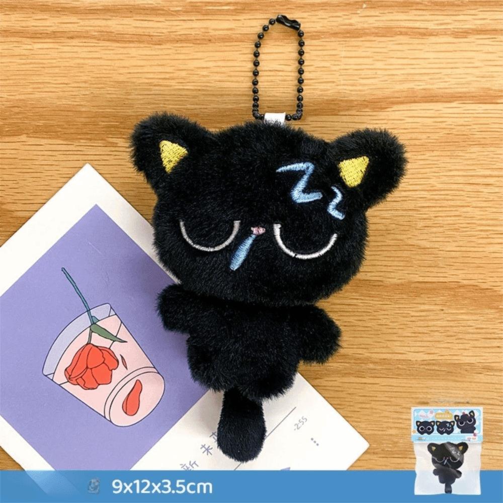 Sleepy Black Cat Plush Keychain Soft Car Key Ring New Bag Charms School Bag Decoration