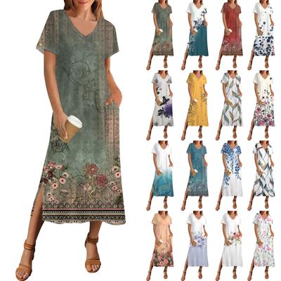 Women's Summer Floral Print Dress Short Sleeve Beach Dress With Pocket Casual V-neck Hem Side Slit Dress