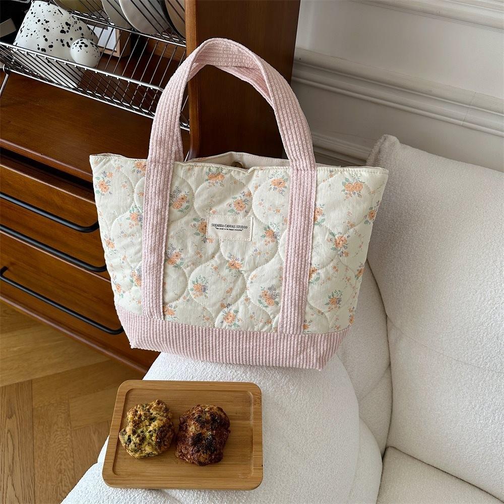 Vintage Flower Pattern Quilted Tote Bag Soft Cotton Commuter Organizer Bag For Daily Use