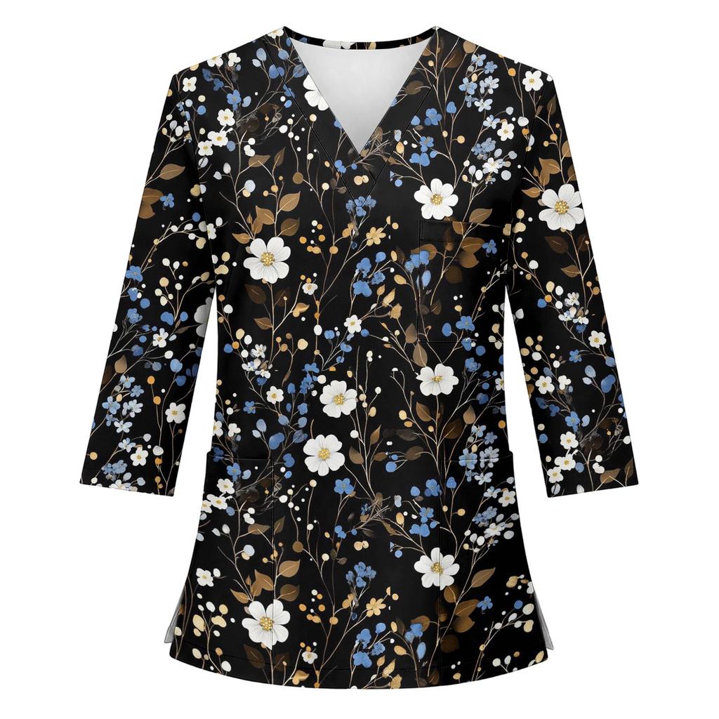 Women's Uniform Top, V-Neck with Single Pocket and Side Slit, 3/4 Sleeve