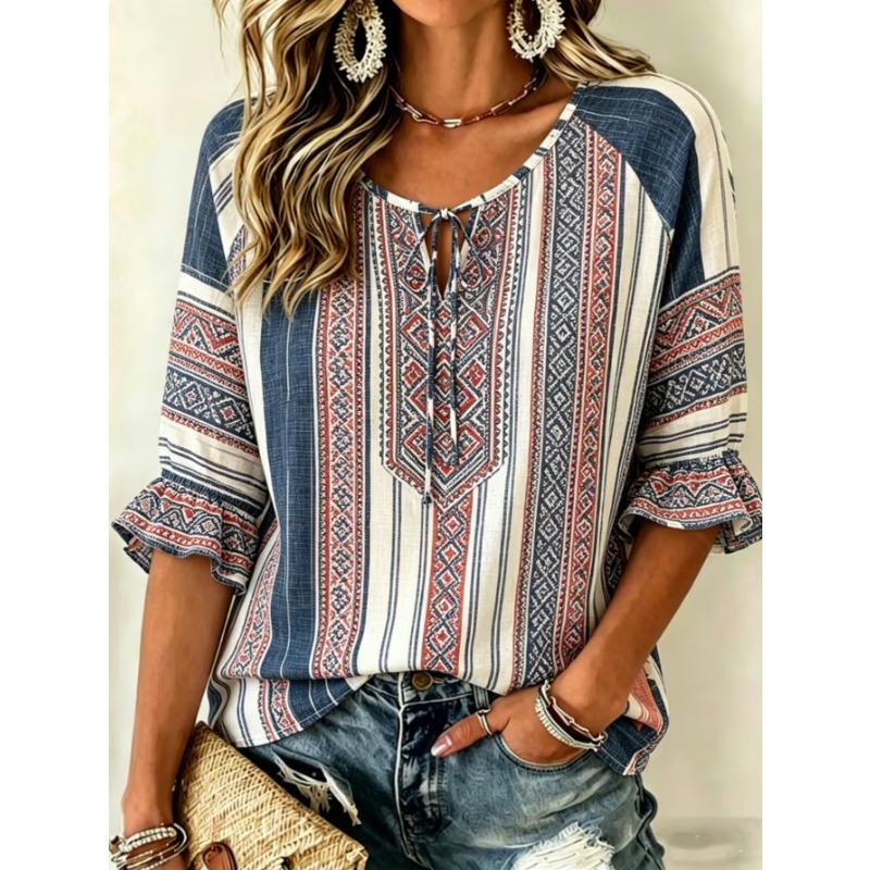 Women's elegant printed lace-up flared top, stylish and versatile, comfortable and skin-friendly