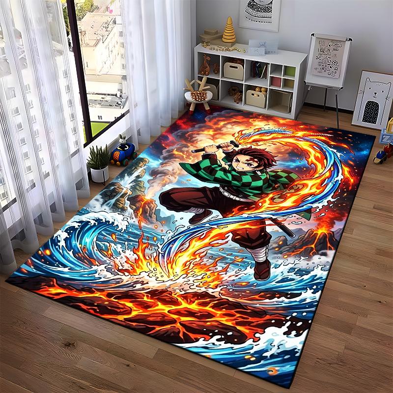 A non-slip rug featuring a flame-sword design in an anime character style, suitable for sofa areas in living rooms and bedrooms.