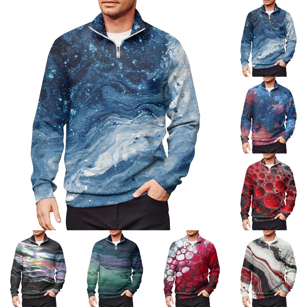 Men's Loose Casual 1/4 Zip Sweatshirt Fashion Printed Long Sleeve Top With Pockets