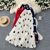 Qooth Vintage Large Polka Dot Pleated A-Line Maxi Skirt Elegant QT2893