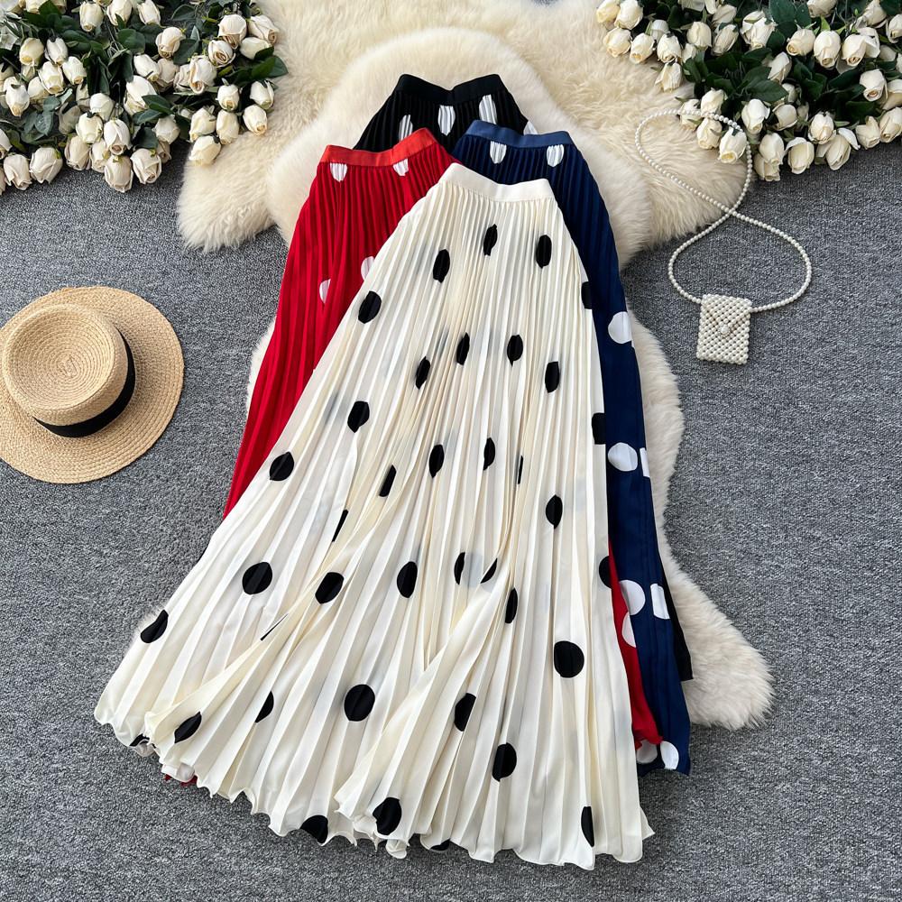 Qooth Vintage Large Polka Dot Pleated A-Line Maxi Skirt Elegant QT2893