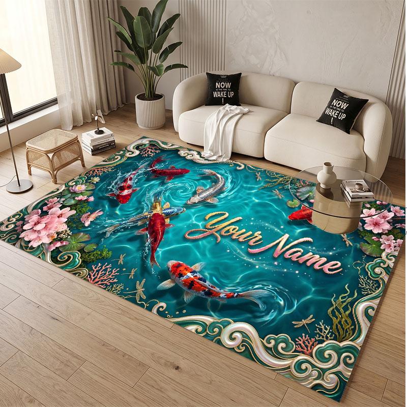 Koi Fish Theme Soft Crystal Velvet Rug Custom Name & Text Print Non Slip Floor Rug for Bedroom Living Room