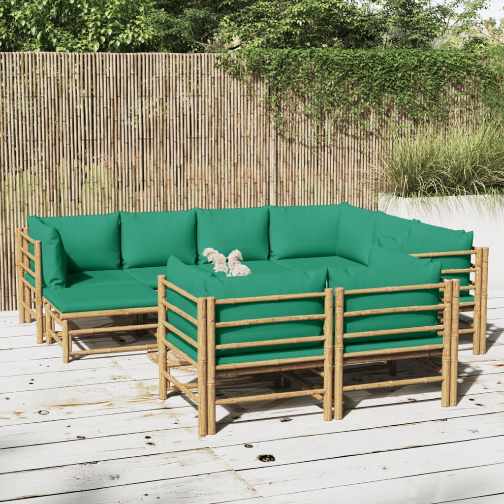 10 Piece Garden Lounge Set with Green Cushions Bamboo
