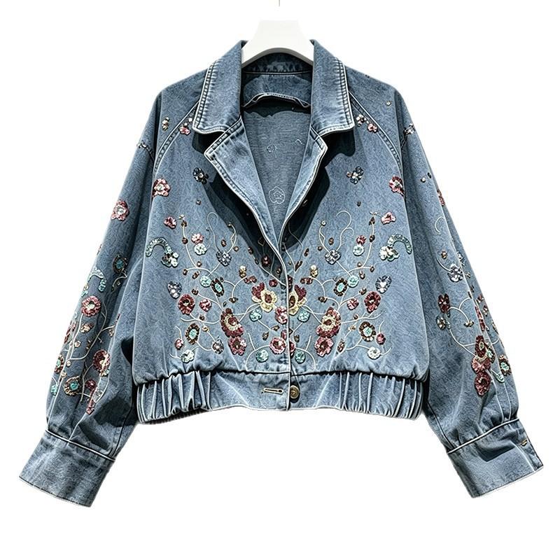 Vintage Embroidered Sequin Denim Jacket Women 2026 Casual Short Batwing Sleeve Streetwear
