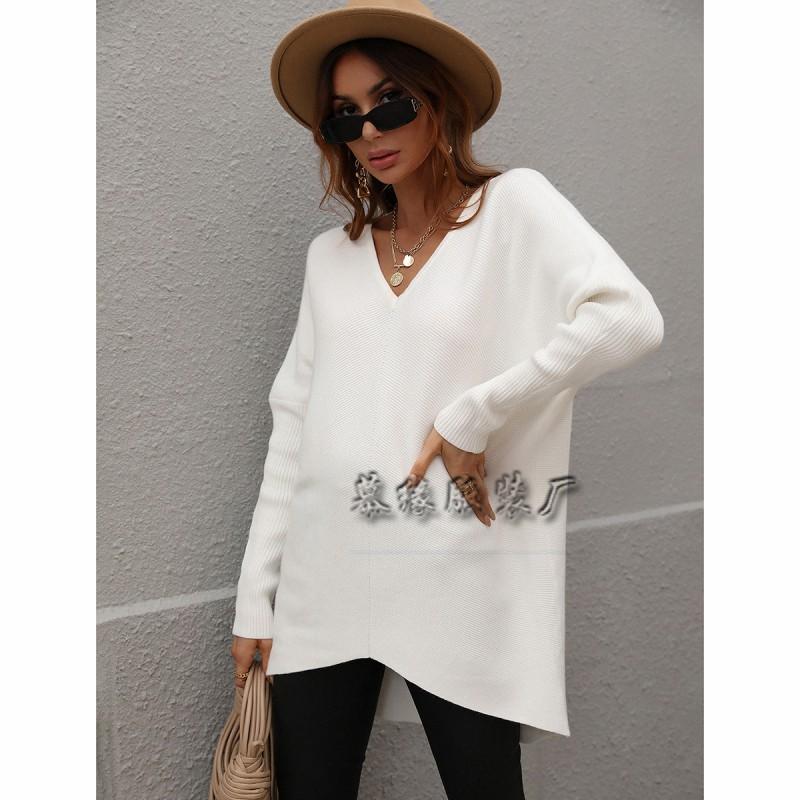 Womens V-Neck Loose Knit Sweater Office Commute - Solid Color Long Sleeve Pullover In Cotton Blend