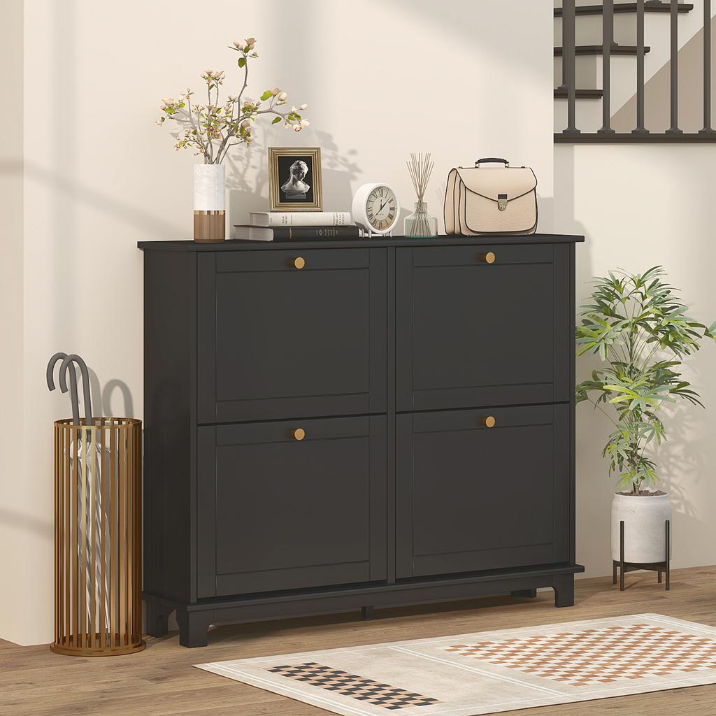 Narrow Shoe Storage Cabinet, Slim Shoe Cabinet with 4 Flip Drawers, Adjustable Shelves for 16 Pairs of Shoes, Black