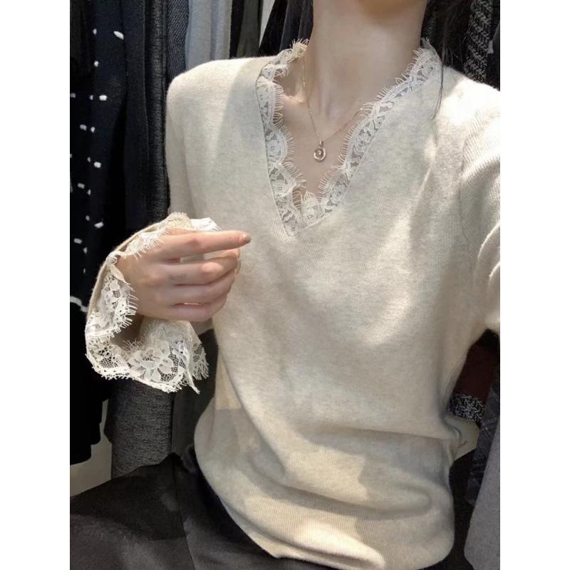 KANING Lace V-neck Long-sleeve Knit Sweater - 2025 Autumn/Winter Collection