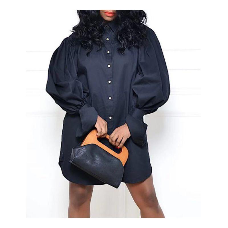 

2021 New plus Size WOMEN S Puff Sleeve Lapel Shirt Dress Black 3XL