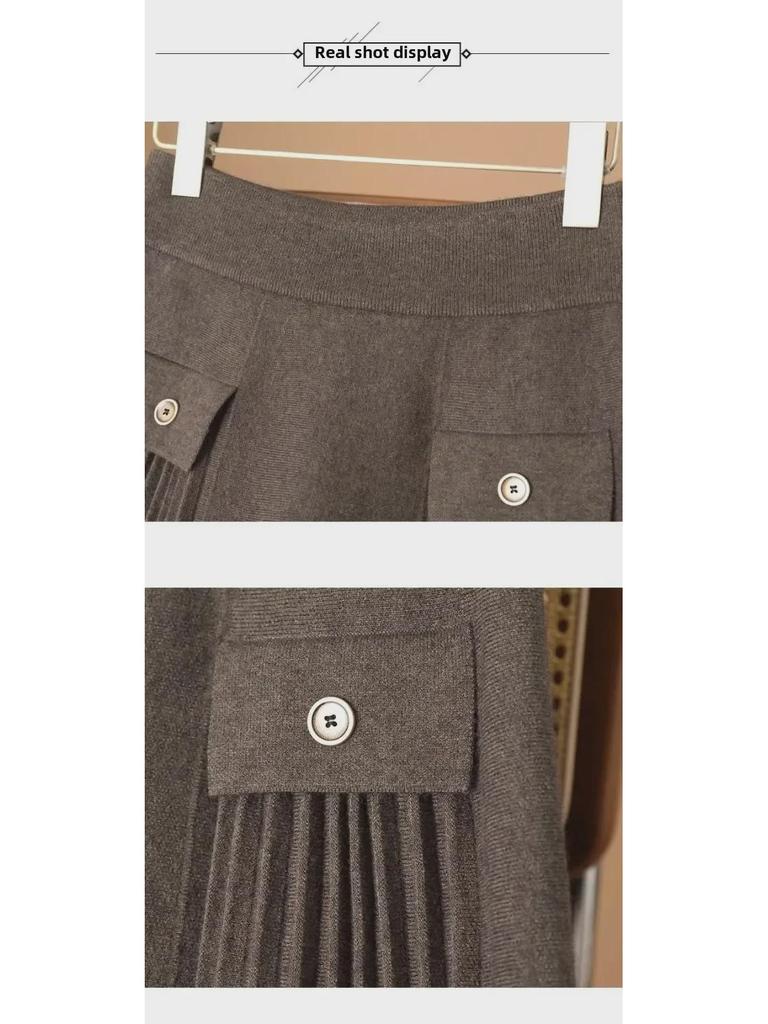 2024 High Waist Pleated Knit Skirt - Slim, Thick, Medium Length for Autumn & Winter