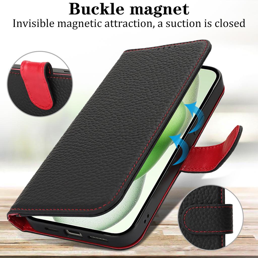 For iPhone 15 Plus/14 Plus Stand Case Litchi Texture Genuine Cow Leather Wallet Phone Cover RFID Blocking