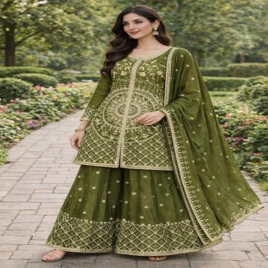 Elegant Olive Green Chanderi Silk Sharara Set with Intricate Golden Zari Embroidery and Dupatta (3-Piece Festive Outfit) S