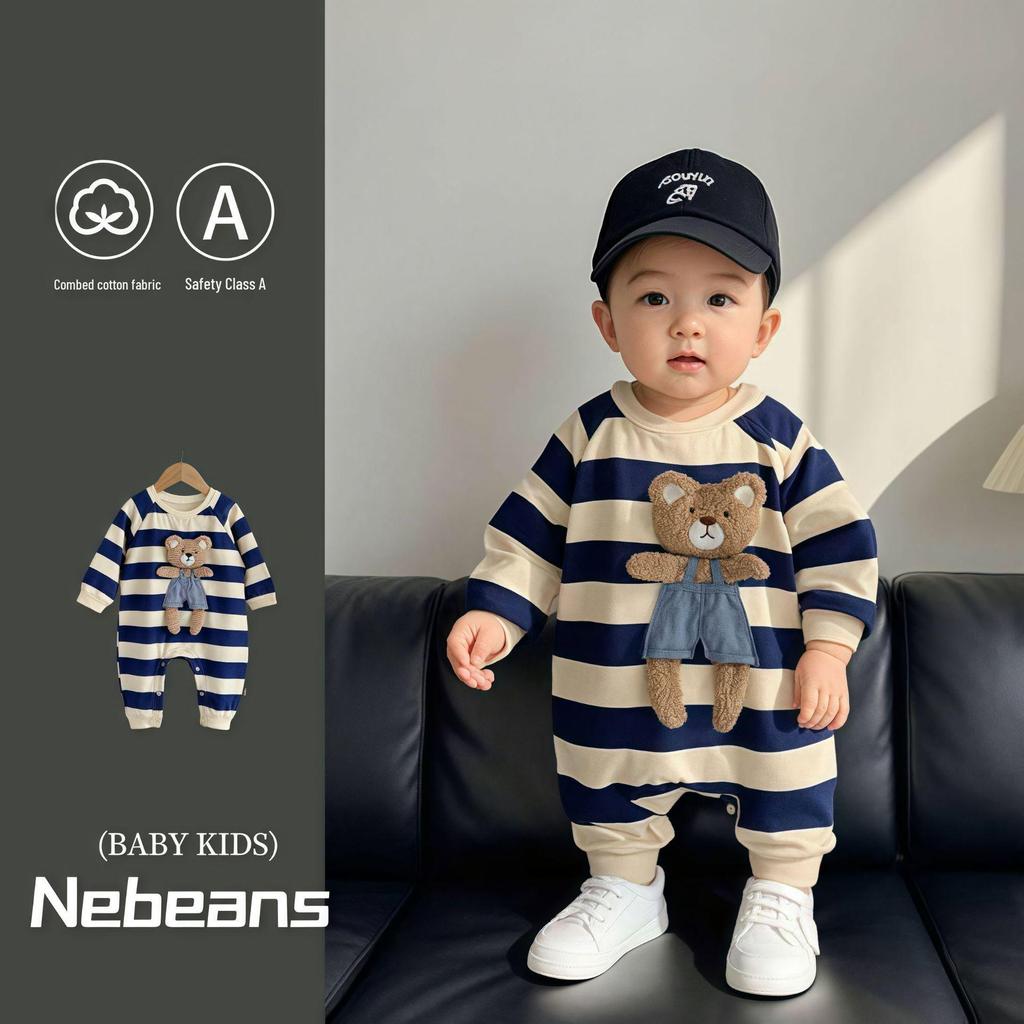 Levinjia Baby Strampler mit Streifen und kleinem Bären - Langarm-Body für Jungen und Mädchen für Frühling/Herbst