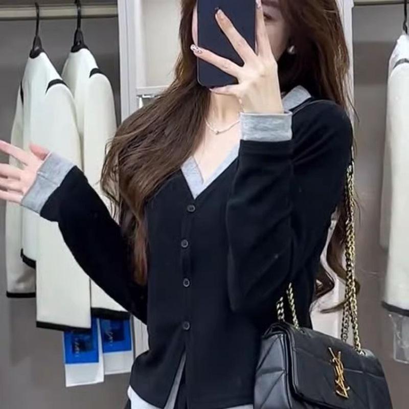 Women s Black V-Neck Fake Two-Piece Cardigan T-Shirt, Spring/Autumn Slim-Fit Style Bulk Order