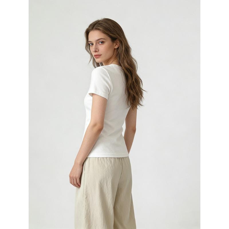 Summer New Shoulder Slim and Thin Collar Short-sleeved Shirt Women's Casual Versatile White Round Neck American Top Clothing