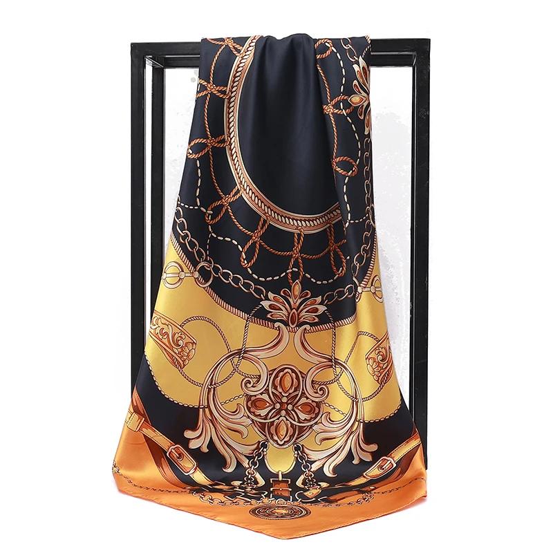 90*90cm Quadratische Seidenschals Damen Hijab Schals Mode Druck Halstuch Femme Kopftuch Foulard Bandana Strand Pareo