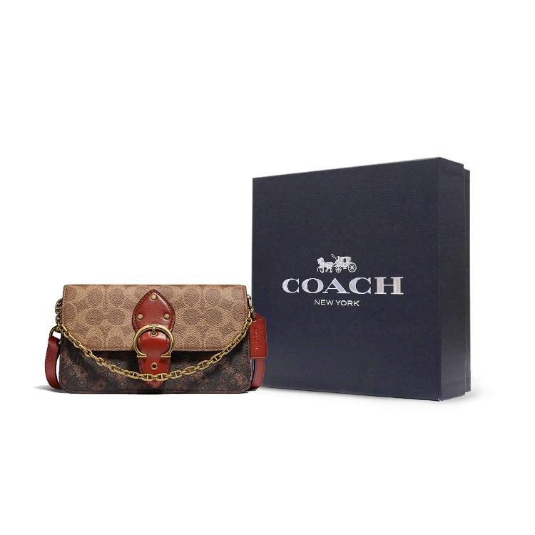New COACH Beat Canvas With Leather Chain Bag, Portable Crossbody Bag, Shoulder Bag Women's Tan C0831-B4SI0