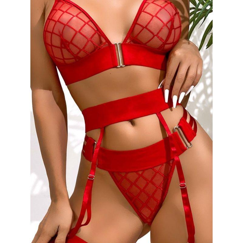 Sexy Stylish Mesh Underwearn Foreign Trade Sexy Ladies' Mesh Perspective Intimates Three-Piece Set
