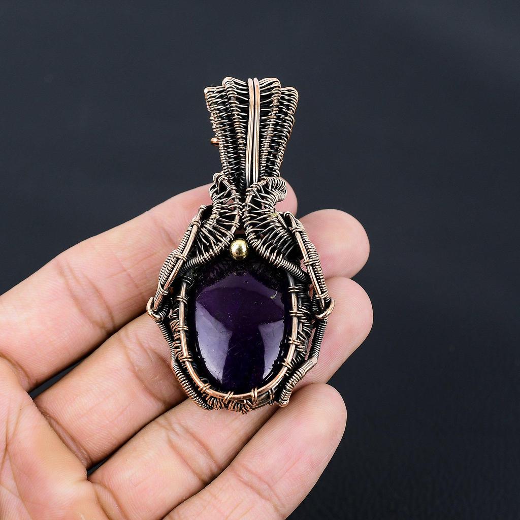Unique Purple Flash Labradorite Gemstone Handmade Pure Copper Wire Wrapped Pendant Jewelry