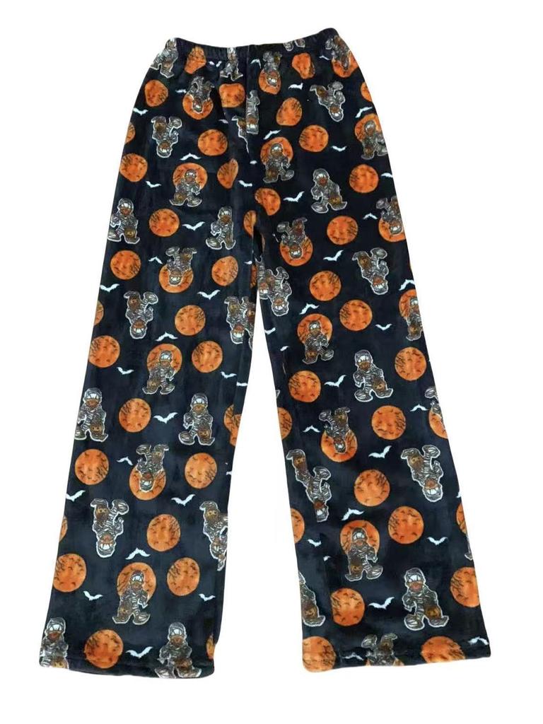 Halloween Cartoon KT Cat Flannel Sleep Pants: Women's Autumn-Winter Plus Velvet Warm Casual Graffiti Homewear.