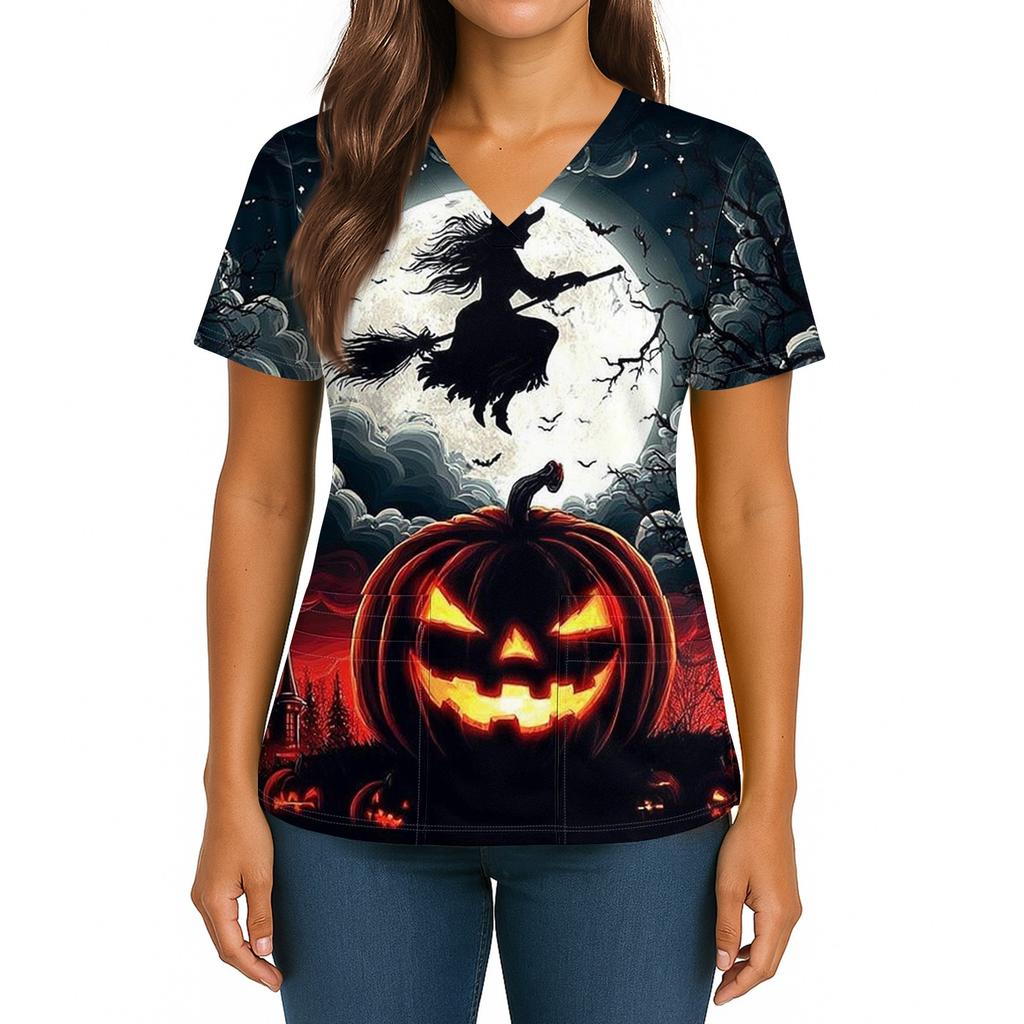 Women's Halloween Printed V-Neck Double Pocket Short Sleeves Hem Slit Uniform Caregiver Top
