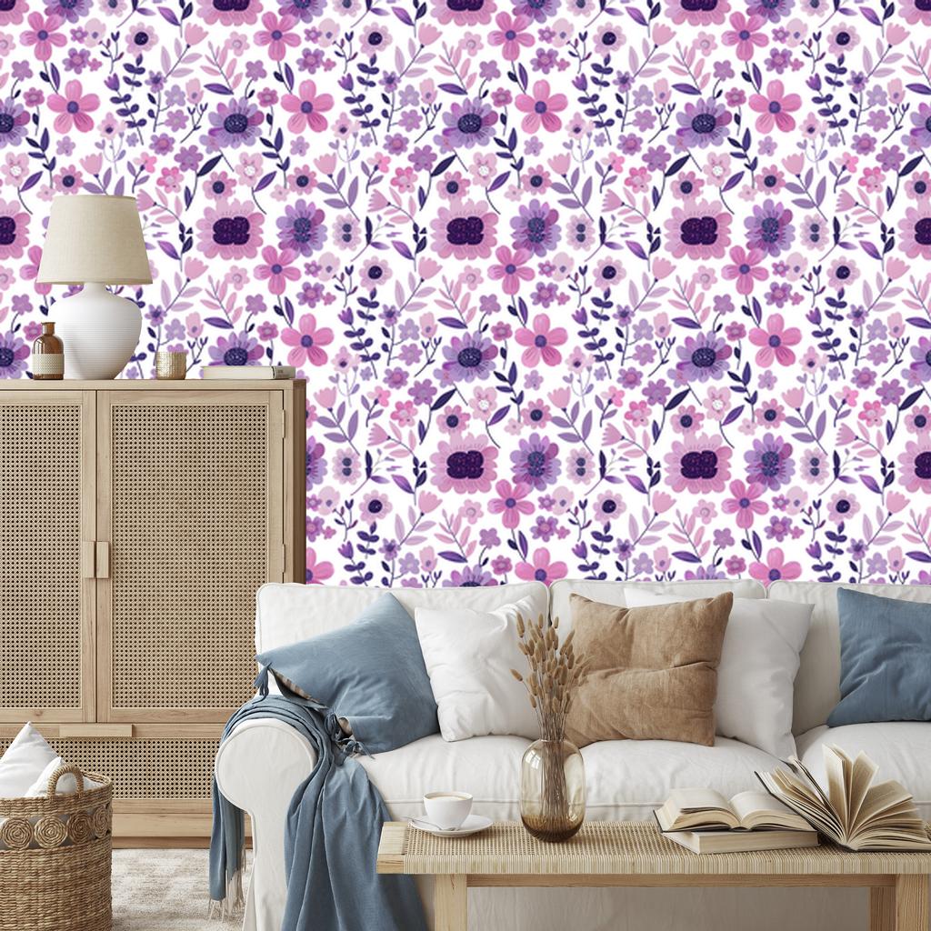 Wallpaper Flowers White, Purple and Powder Pink for the Living Room and Bedroom 50x1000