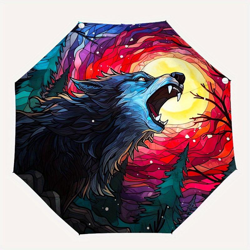 Stained Wolf Howling at Moon Wall ArtUmbrella, Portable 3-Fold Compact Umbrella for Men & Women Gift