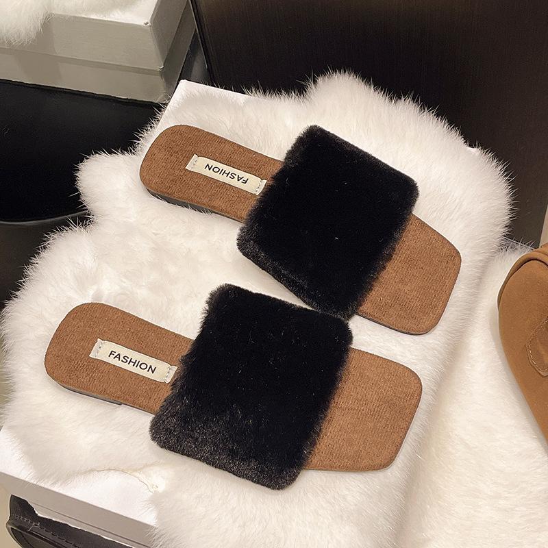 Wear fluffy slippers one-character plush lazy shoes spring and autumn casual square head low heel large size fluffy slippers