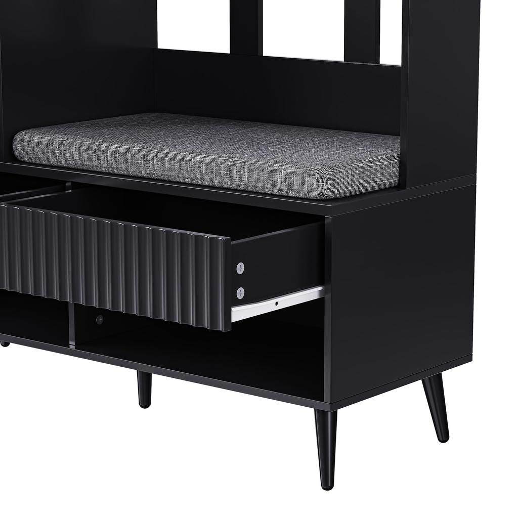 Flurgarderobe Schwarz: Garderobenschrank, Sitzbank, Schuhschrank, Lochwand, 4 Haken, Schließfach, Schublade, 100×35×180cm