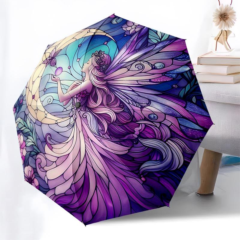 

1pc Stained Glass Fairy Design Automatic Folding Umbrella - Portable 3-Fold Design with 8-Rib Iron Frame, Outdoor, Ideal Gift for Fans, Travelers, Dai